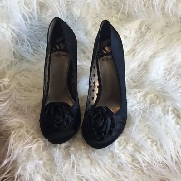 Fergalicious Shoes - Black heels with fabric upper with roses at toe, shiny heels by FERGALICIOUS
